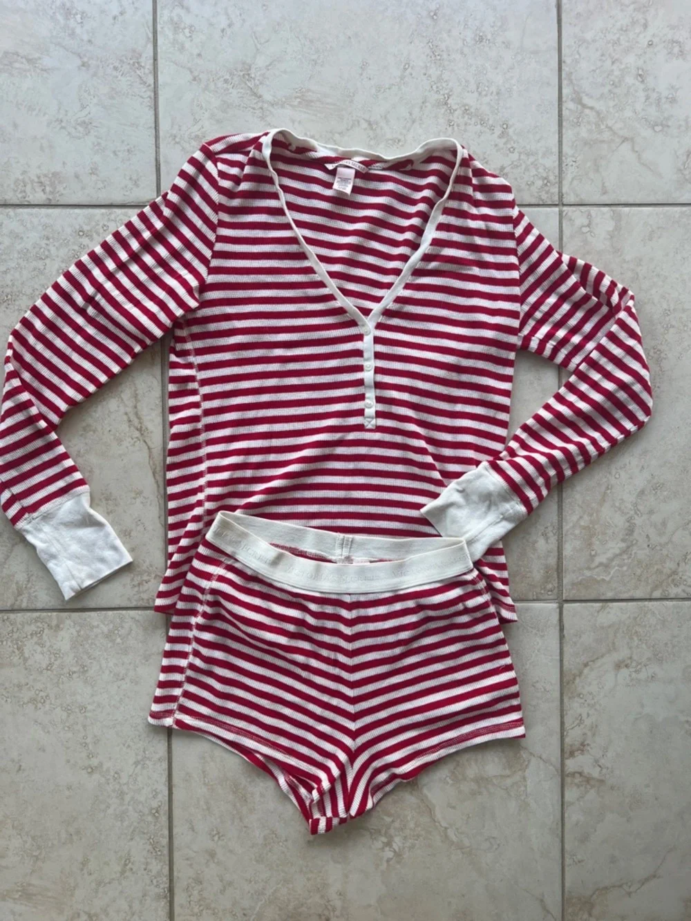 Victoria's Secret Red & White Striped Henley Pajama Set - Picture 4 of 10